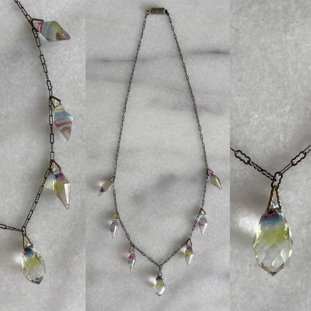 ANTIQUE • 20s Art Deco Cut Crystals Rainbow Silver Paper Clip Chain
